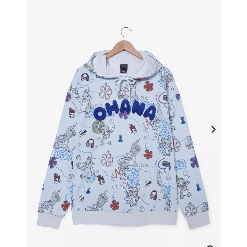 Disney Our Universe Stitch Ohana All Over Print Hoodie Light Blue Medium EUC